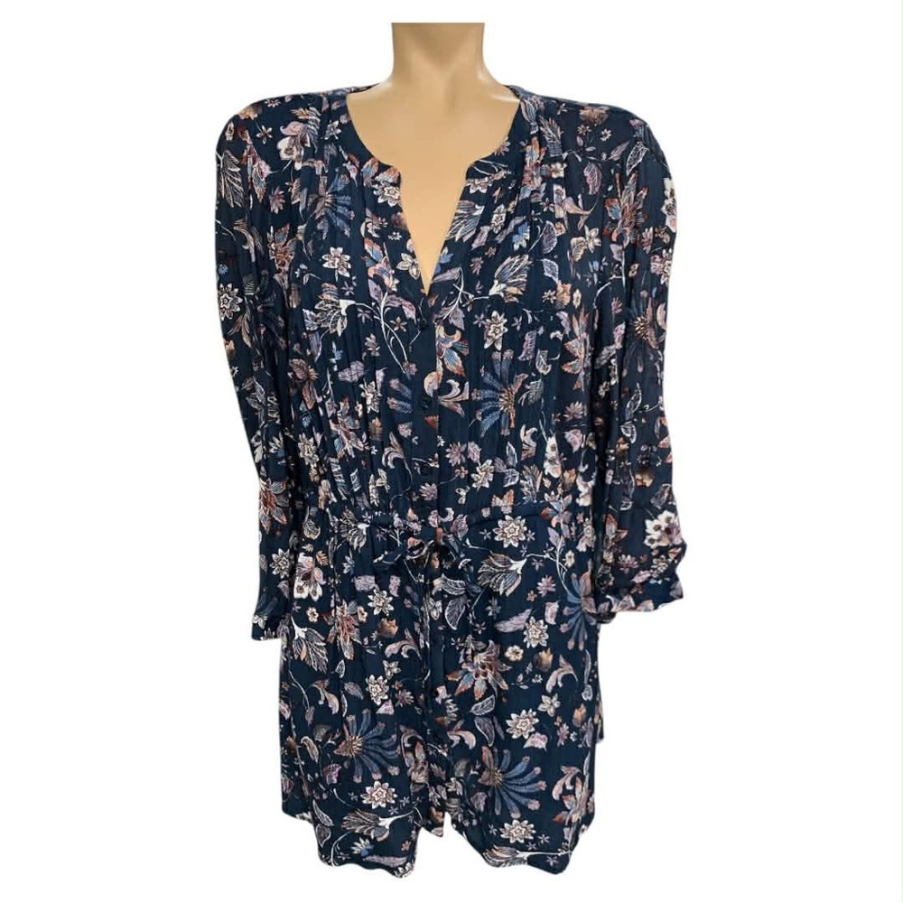 Hilary Radley Navy Floral Long Sleeve Top Size L
